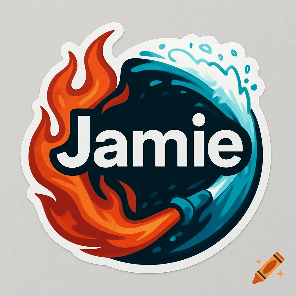A die-cut sticker with the name 'Jamie' in white. The background is split: fire on the left and water on the right.