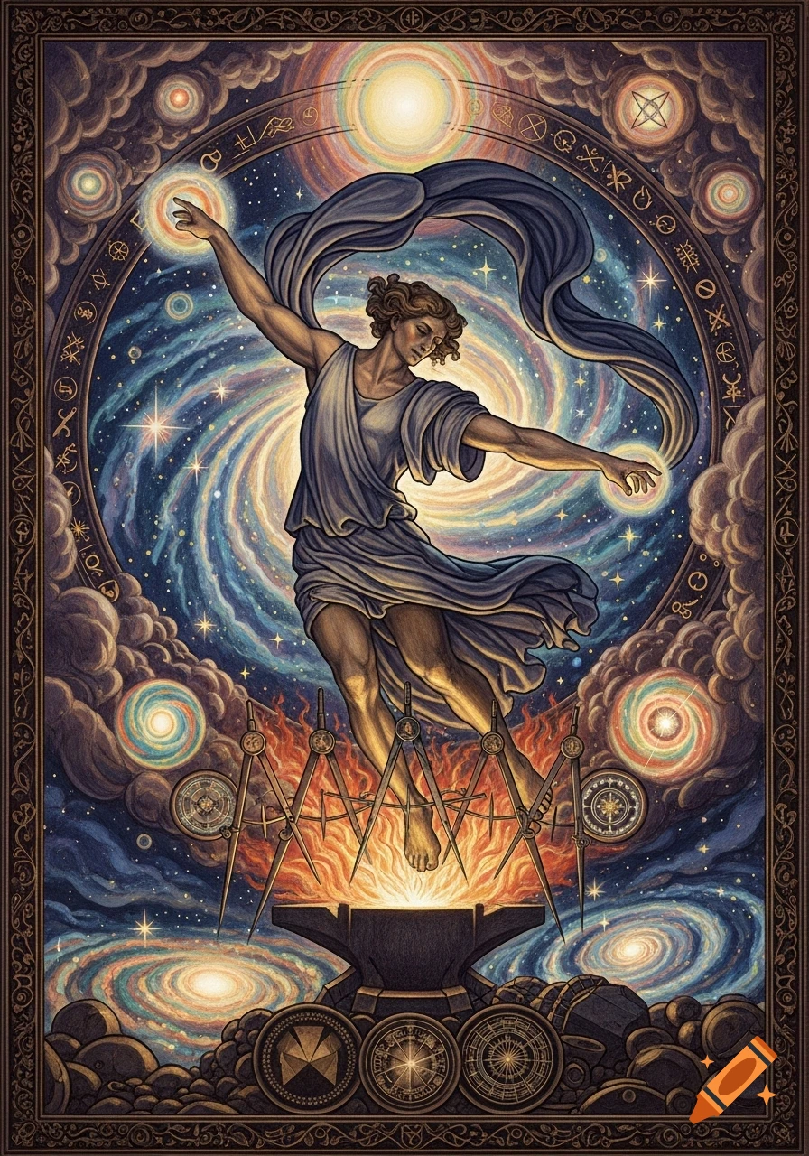 An elaborate William Blake-style artwork depicting a divine figure in flowing robes, with arms outstretched, standing above an anvil and compasses, surrounded by swirling galaxies and celestial bodies within an ornate, symbolic border.