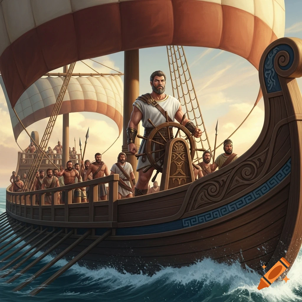 Muscular bearded man steers an ancient Greek ship with his crew on a vibrant sea, digital illustration.