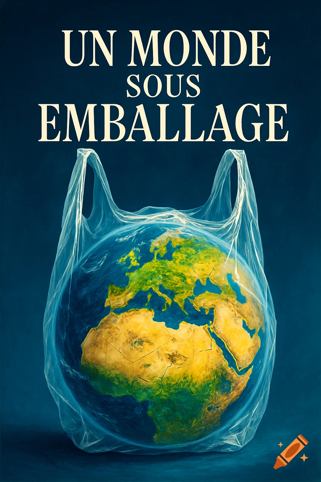 Planet Earth, with Europe and Africa visible, encased in a clear plastic shopping bag against a deep blue background. The title "UN MONDE SOUS EMBALLAGE" is at the top.