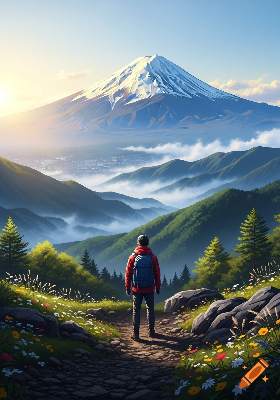 A hiker in a red jacket with a backpack stands on a mountain path, looking at the majestic, snow-capped Mount Fuji bathed in sunrise light.