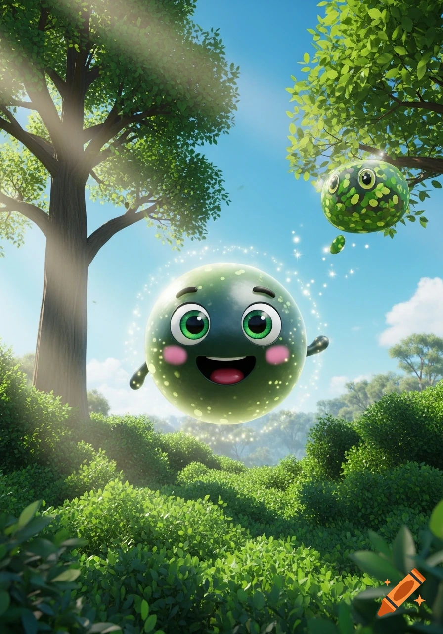 A large, cute, smiling green speckled sphere with pink cheeks floats in a sunlit forest, surrounded by sparkles, with a smaller similar sphere in the background.