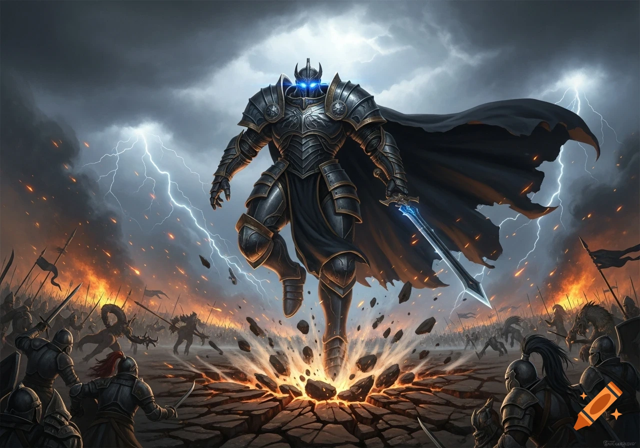 A huge armored knight with glowing blue eyes and a dark cape descends onto a cracked battlefield with a sword, surrounded by lightning and a raging battle.