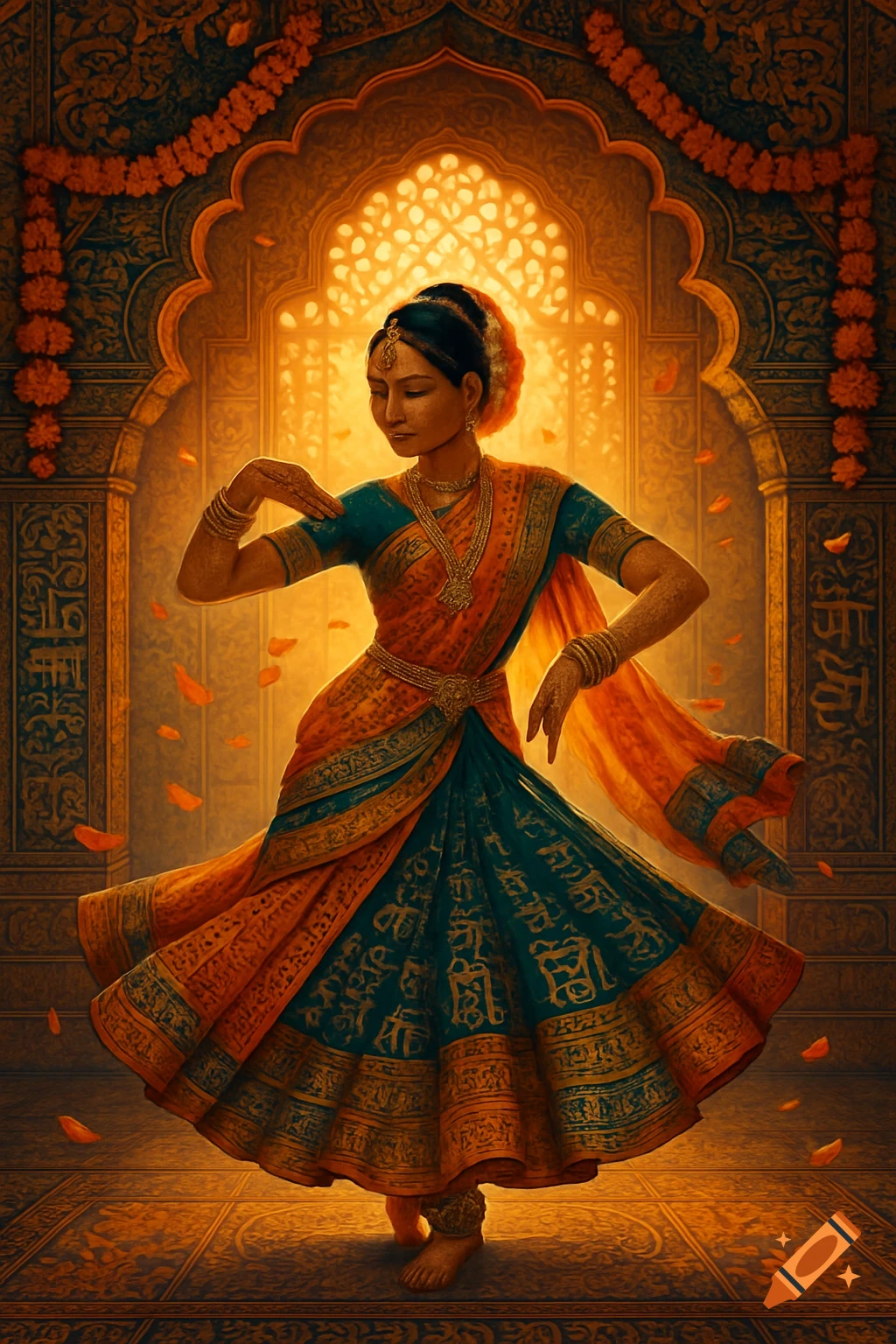 A woman in a vibrant orange and teal traditional Indian sari dances in an ornate, golden archway with petals falling.