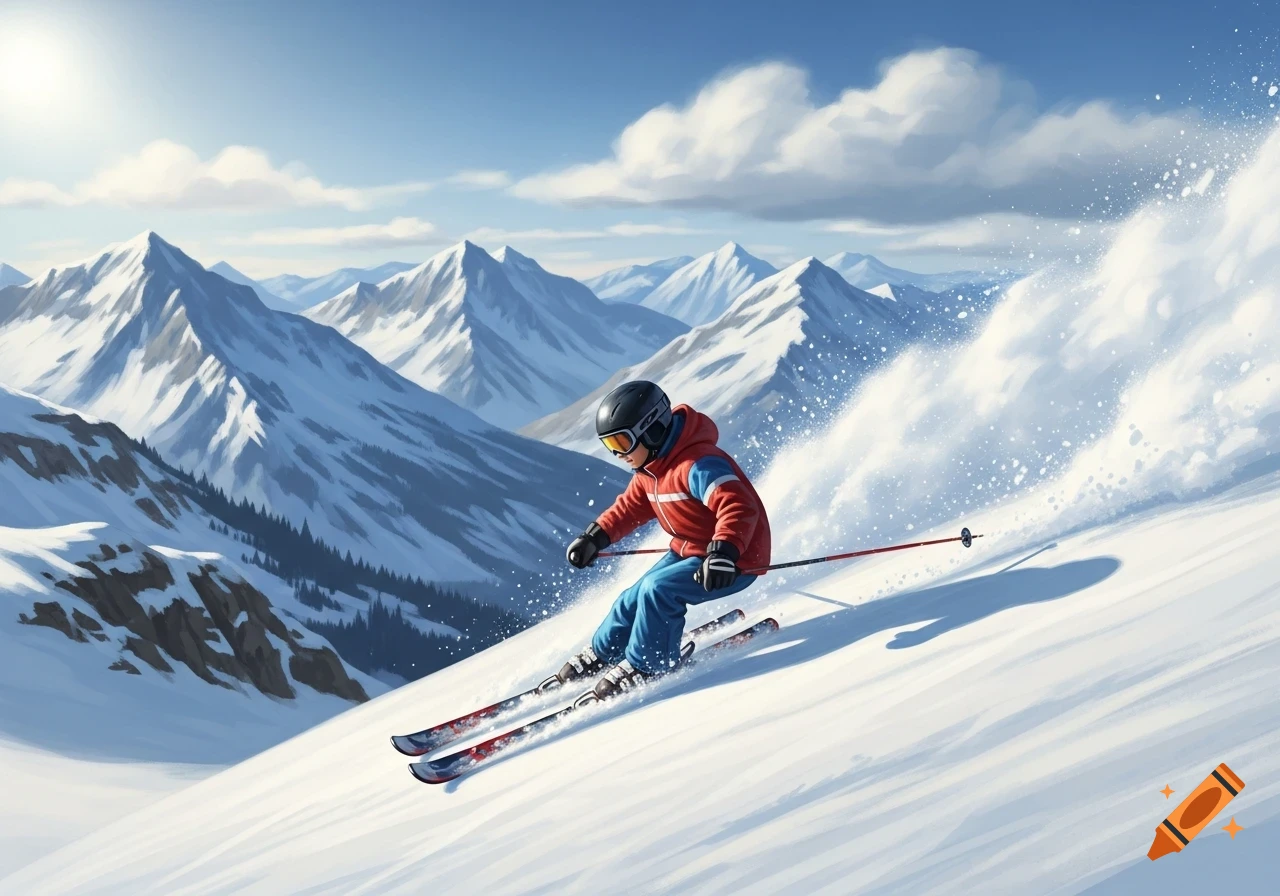 An illustrated boy in a red jacket skis down a snow-covered mountain, kicking up powder, under a bright blue sky.