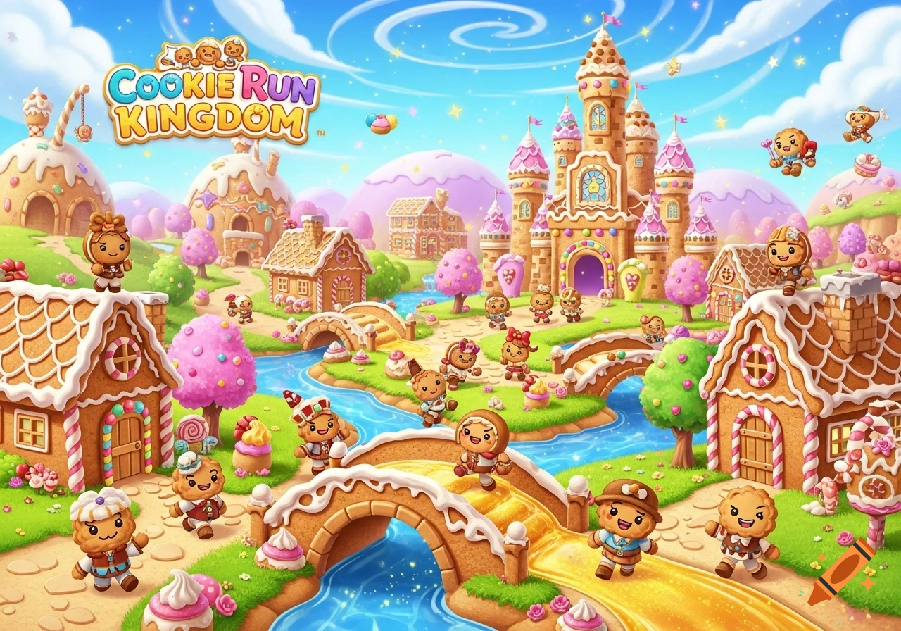 Whimsical cartoon landscape of a candy kingdom with gingerbread houses, a castle, and cookie characters, with the text "Cookie Run Kingdom" at the top.