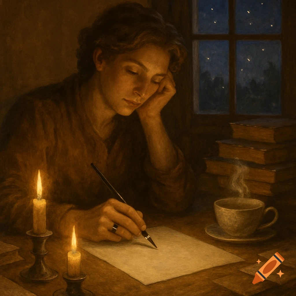 A person writing at a wooden desk by candlelight, with books and a steaming cup, rendered in a classical painting style.