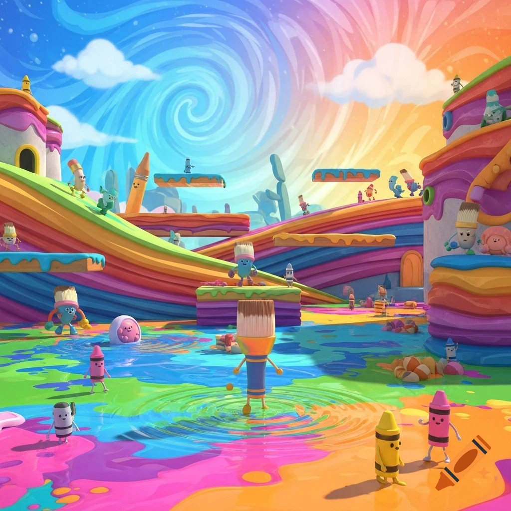 Cartoon 3D platformer level with anthropomorphic art supplies like paintbrushes and crayons on colorful ramps and paint splatters.