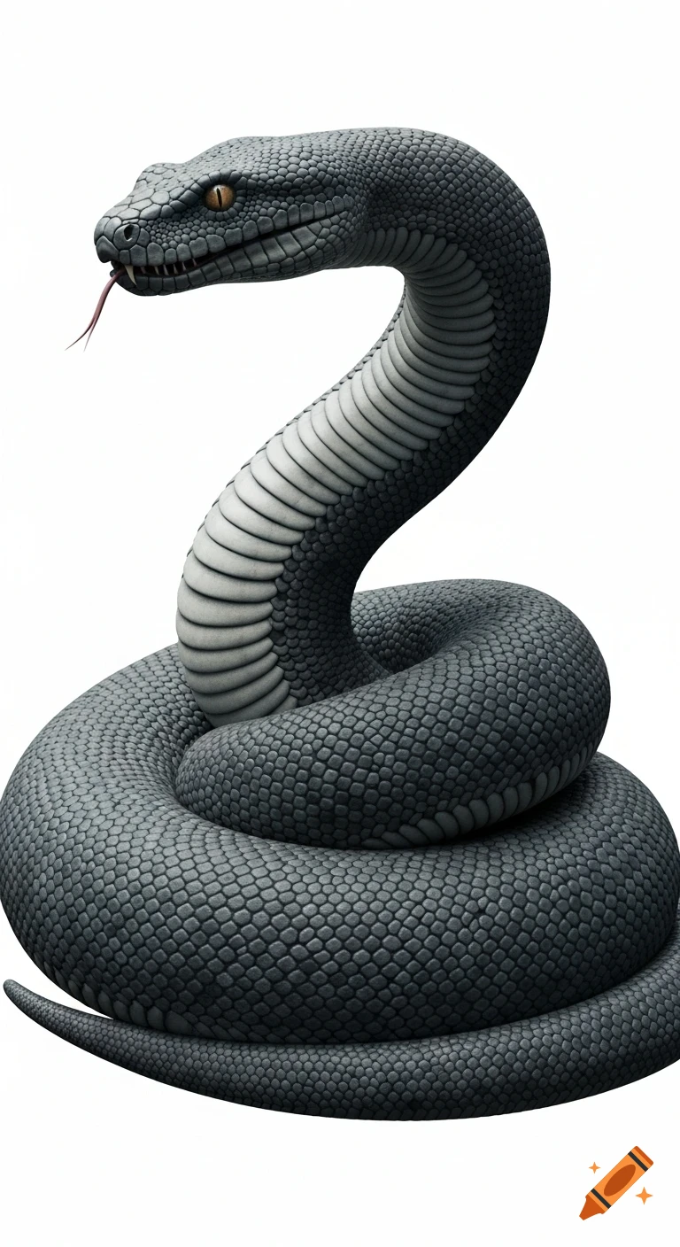 A hyper-realistic gray snake, possibly a Titanoboa, coiled with its head raised and mouth slightly open, on a white background.