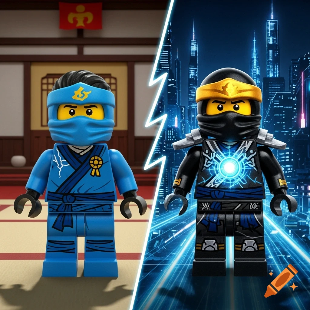 A split image shows two Lego Ninjago Jay minifigures; one in a dojo, the other in a futuristic blue city.