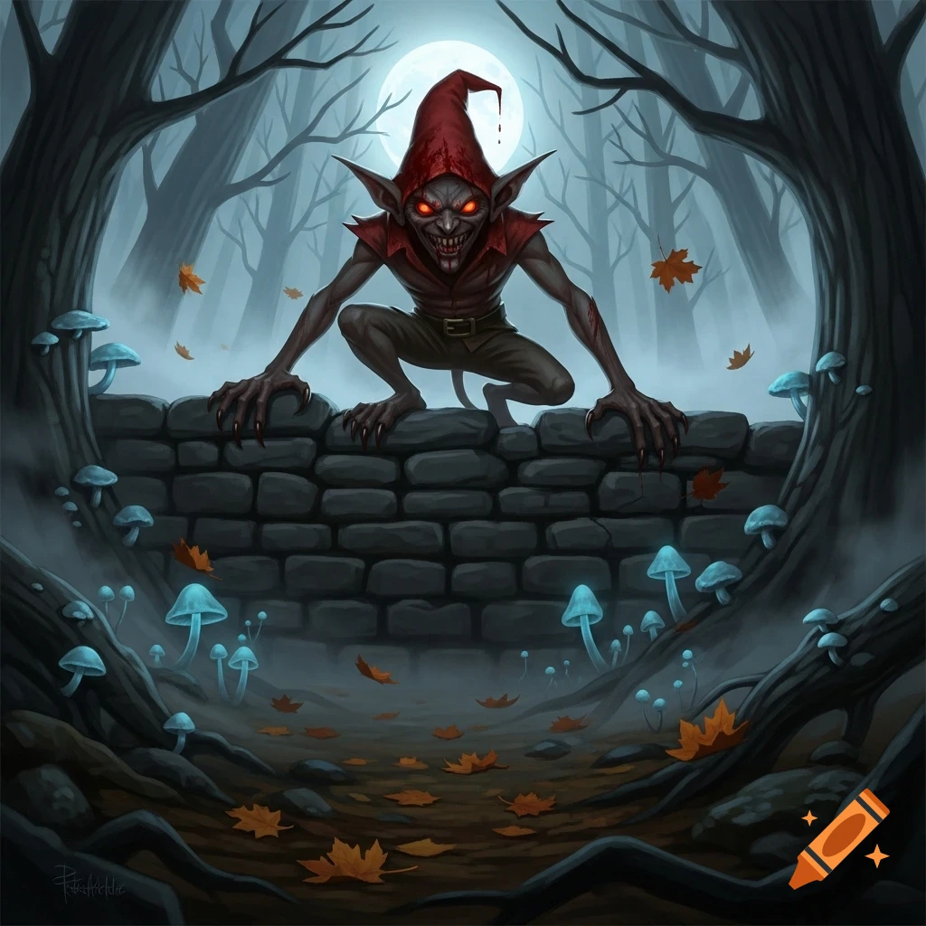 A menacing redcap with glowing red eyes and sharp teeth crouches on a stone wall in a moonlit, misty forest with glowing blue mushrooms and falling autumn leaves.