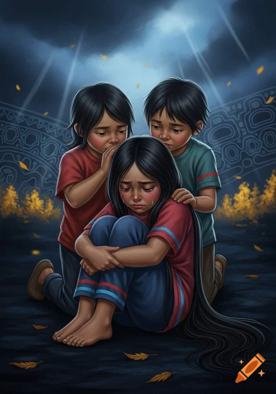 Illustration of an indigenous girl crying, curled on dark ground, comforted by two indigenous boys. Scattered leaves and a dark, cloudy sky.