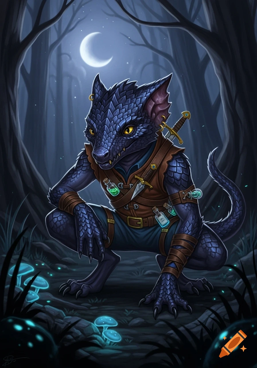 A dark-scaled kobold rogue with glowing yellow eyes crouches in a mystical, moonlit forest amidst glowing blue mushrooms.