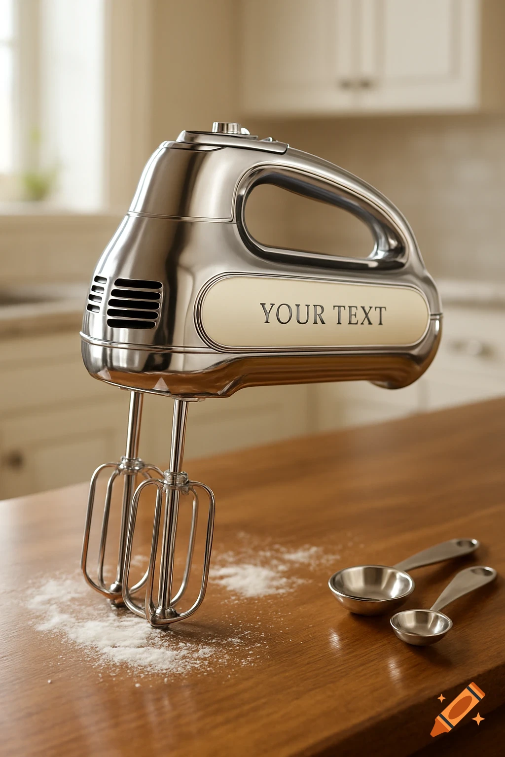 Photorealistic chrome electric hand mixer with 'YOUR TEXT' label, flour, and measuring spoons on a wooden kitchen counter.