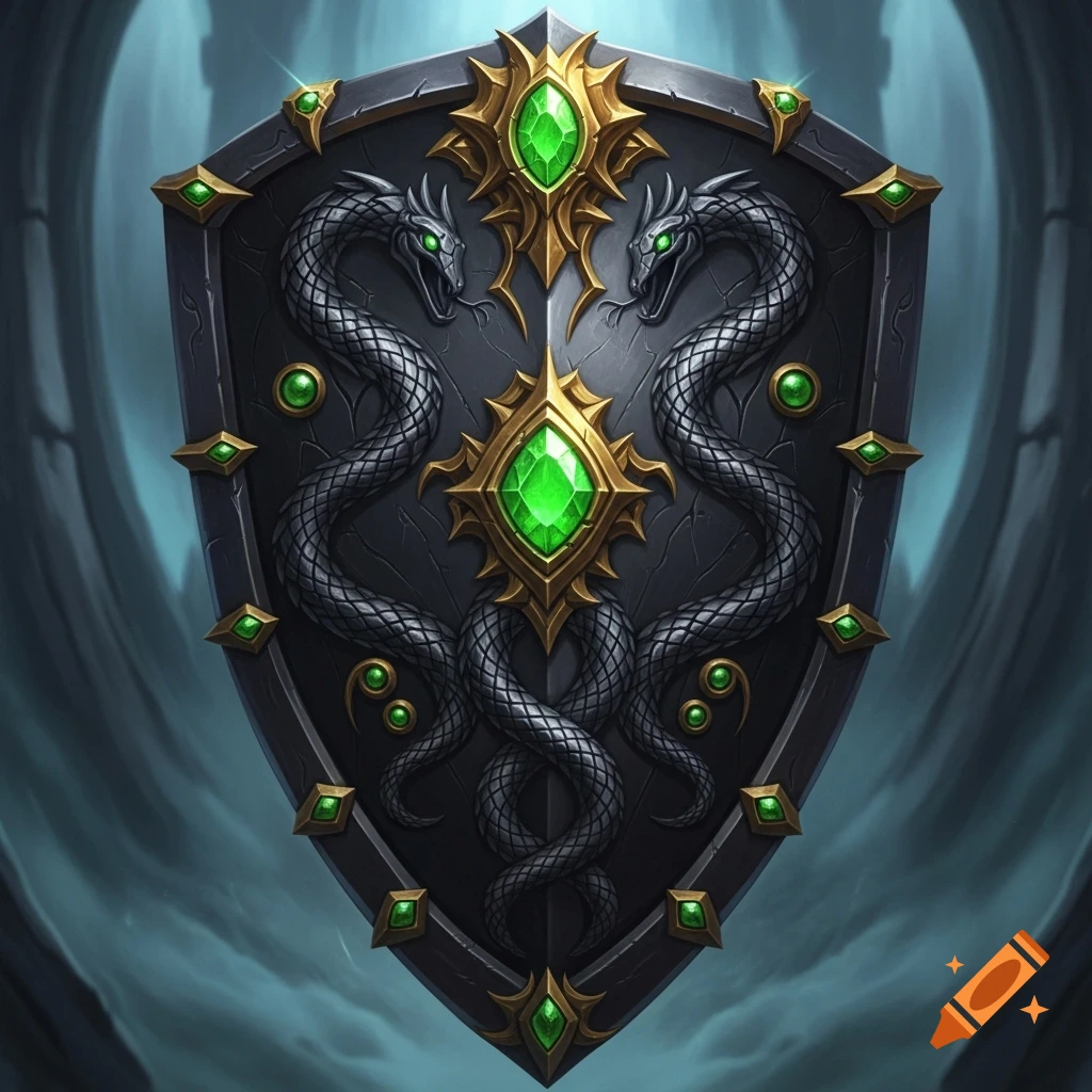 Ornate dark fantasy shield with intertwining black snakes, glowing green gems, and gold accents.