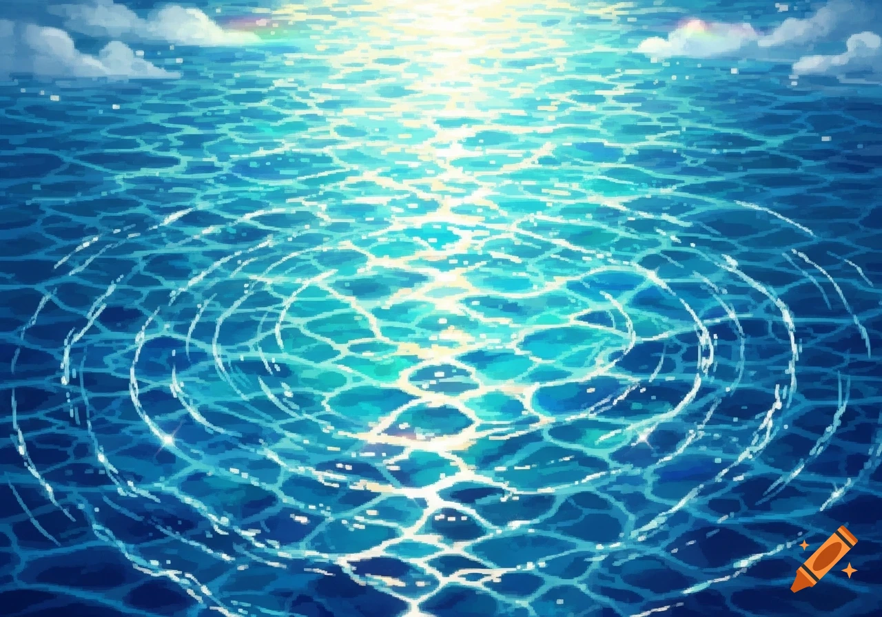 Pixel art rendering of sunlit blue water with ripples and clouds.