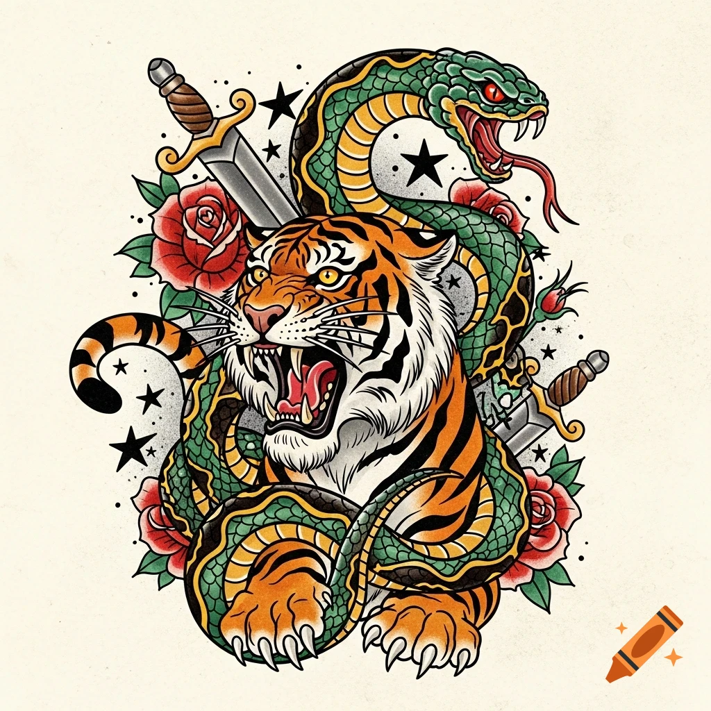 Oldschool tattoo of a snarling tiger entwined with a green snake, featuring two swords, red roses, and black stars.