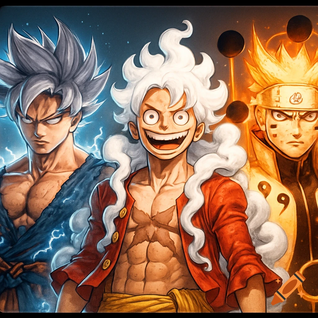 Ultra-detailed anime illustration featuring Goku in Ultra Instinct, Luffy in Gear 5, and Naruto in Sage of Six Paths mode, standing together with glowing auras.