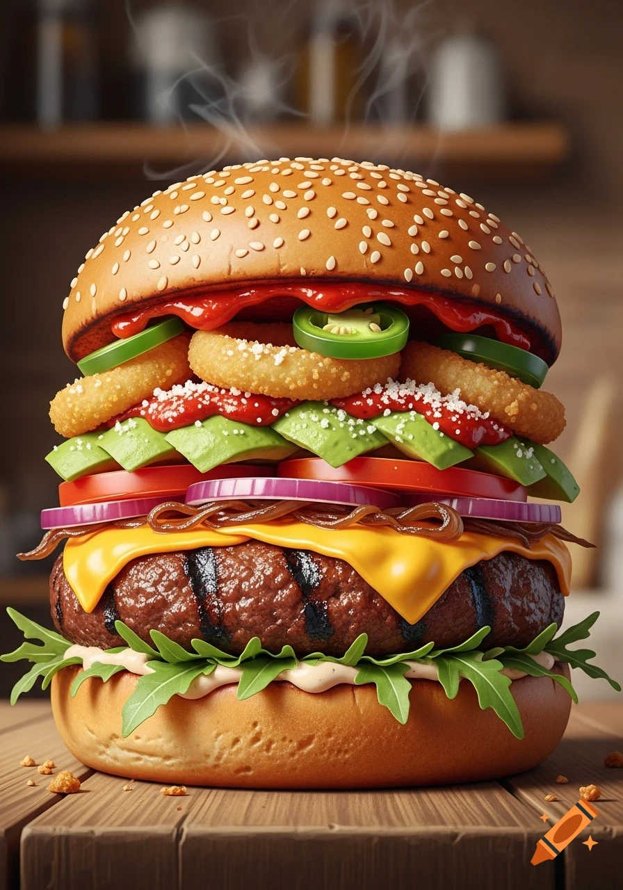 A towering, photorealistic hamburger with a patty, melted cheese, red onions, tomatoes, avocado, onion rings, jalape ja os, and arugula on a wooden table.