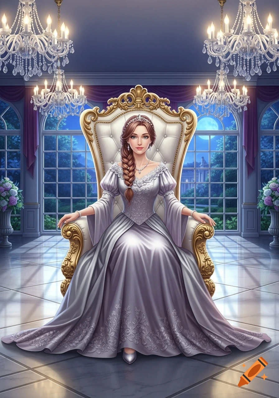 A princess in a silver gown with a braided ponytail sits on a golden throne in a lavish hall with large windows at night.