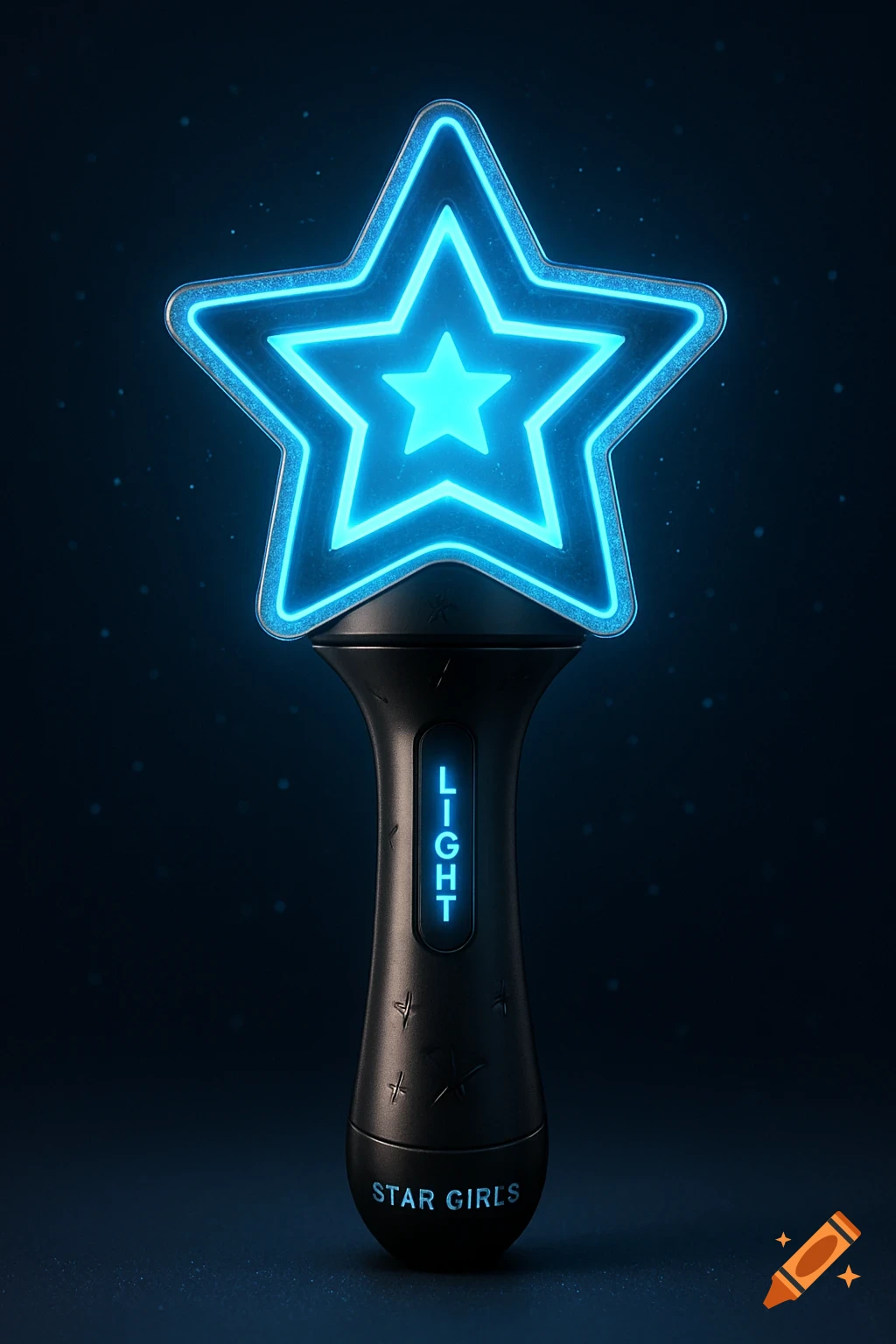 A futuristic K-pop lightstick with a black handle, topped by a glowing neon-blue star. The handle displays 'LIGHT' and 'STAR GIRLS' in blue text.