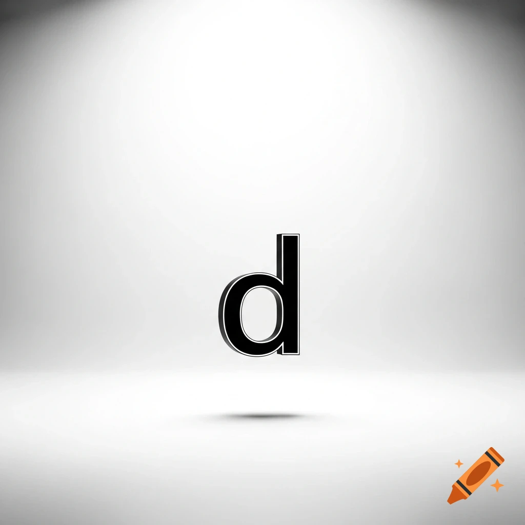 A black lowercase letter 'd' with a white outline, casting a shadow on a white surface with spotlight illumination.