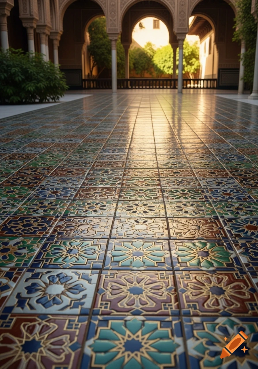A detailed view of an ornate, colorful tiled floor leading through archways into a sunlit courtyard.