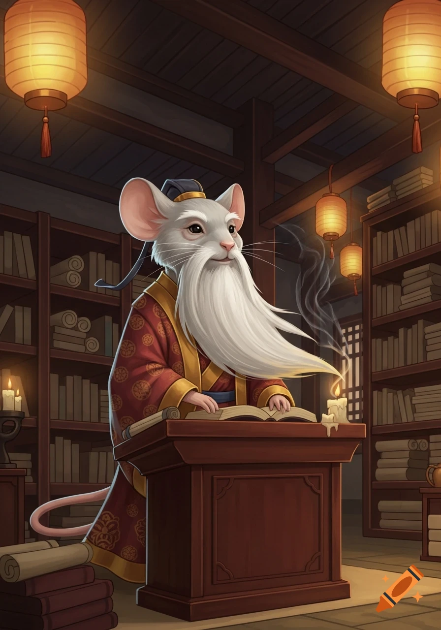 An illustration of an old anthropomorphic mouse with a long white beard reading a book at a lectern in a dimly lit library with lanterns.