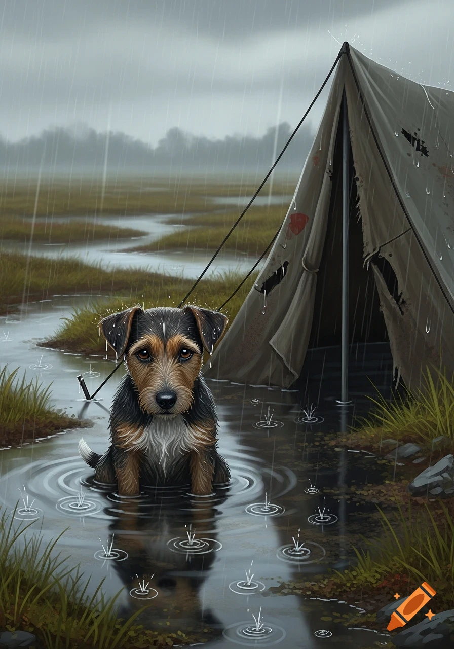 A sad Jack Russell dog sits in a muddy puddle during a rain shower, next to a ripped tent in a bog.