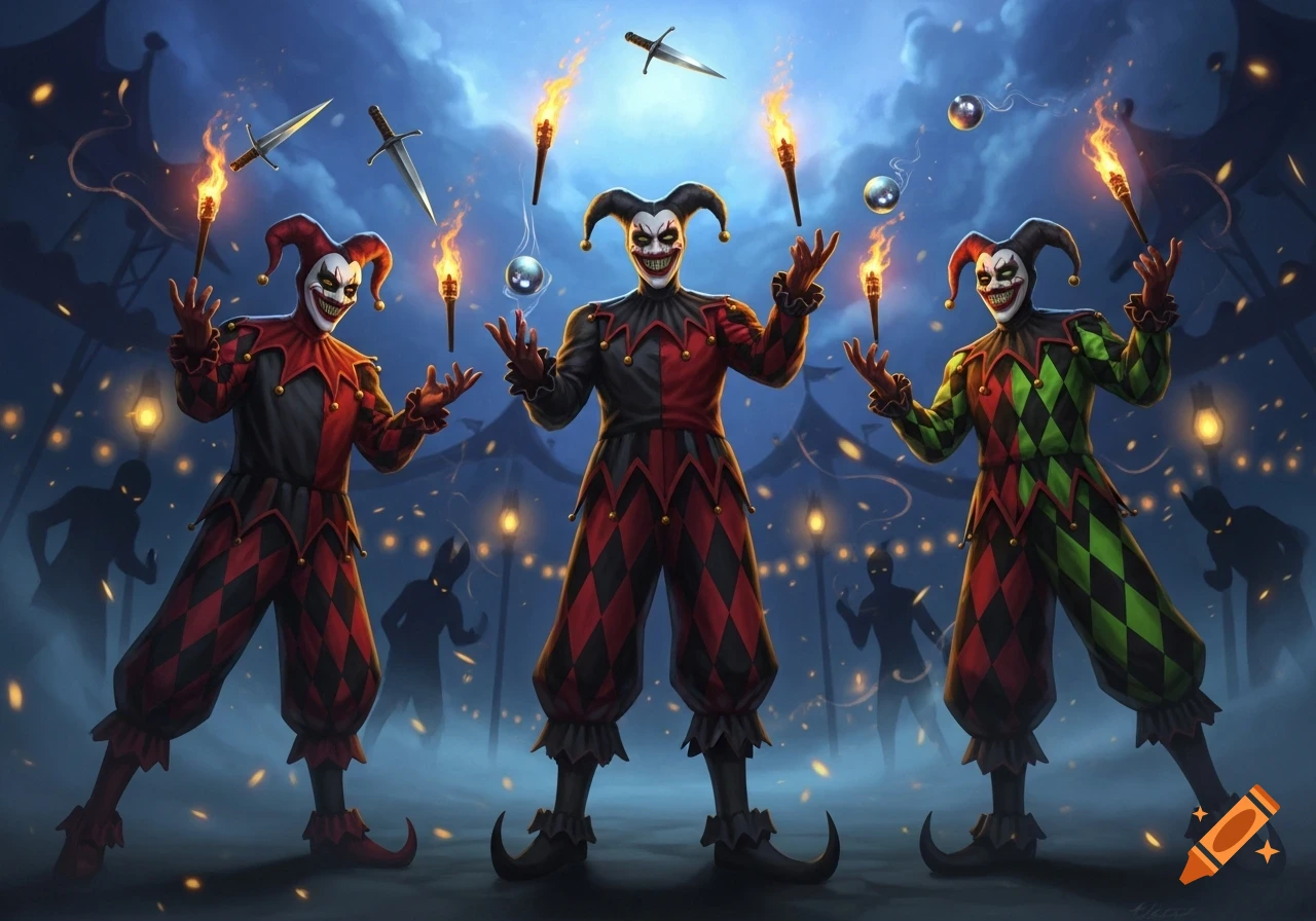 Three evil jesters in red, black, and green harlequin costumes juggle daggers, torches, and silver balls under a dark circus tent at night, with shadowy figures in the background.