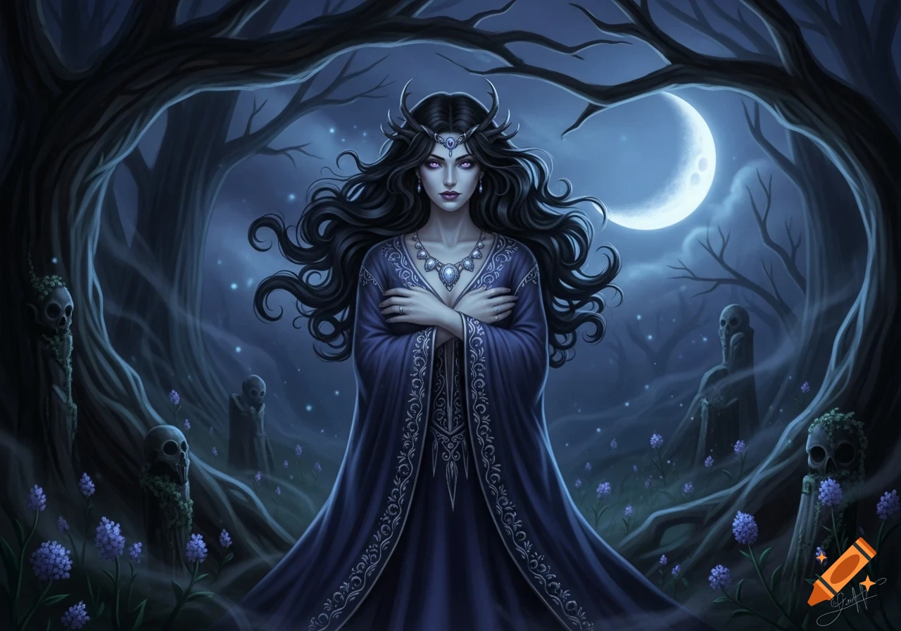 A dark fantasy illustration of a woman with long black hair, a horned crown, and a blue dress, standing in a moonlit forest with skulls and glowing purple flowers.