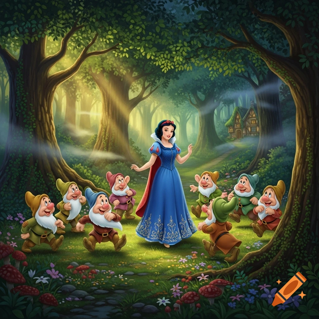 Snow White in a blue gown stands with the Seven Dwarfs in an enchanted forest with a cottage, in a vibrant illustration.
