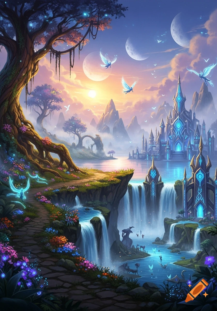 A vibrant fantasy landscape featuring a glowing castle, multiple waterfalls, magical creatures, and an ancient tree under multiple moons at sunset.