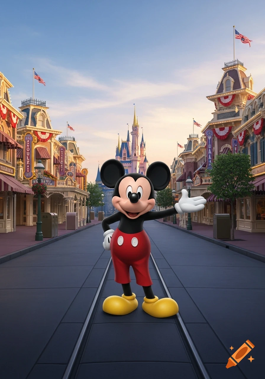 Photorealistic 3D render of Mickey Mouse standing on Main Street USA with a Disney castle in the background.