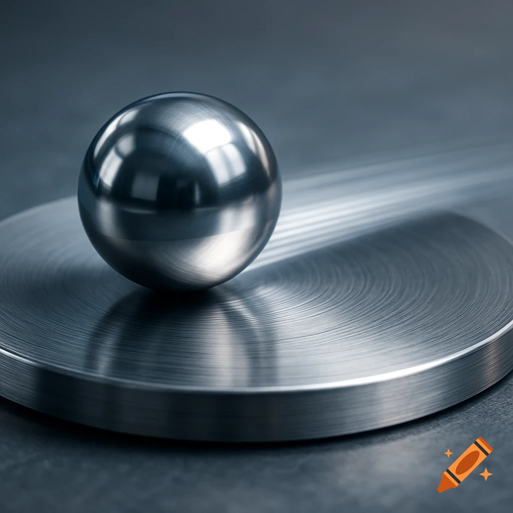 A close-up, photorealistic image of a highly reflective steel ball resting on a brushed metallic disc with circular patterns.
