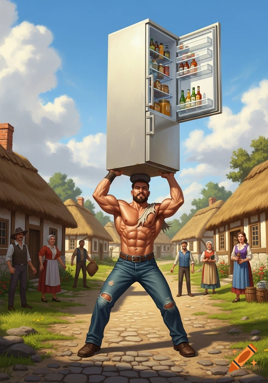 A muscular man in torn clothes lifts a fridge over his head in a village street, watched by villagers.