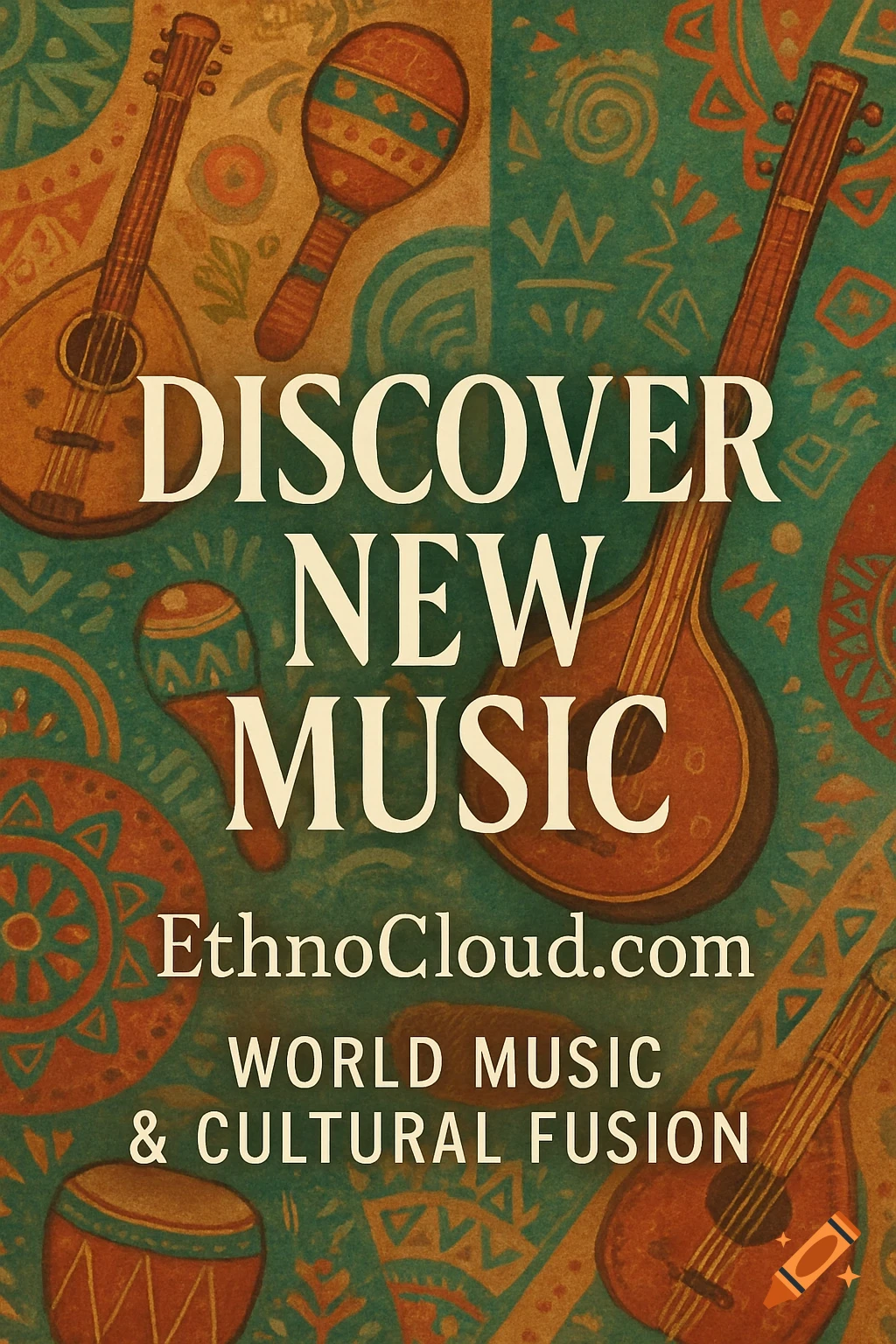A poster with text 'Discover New Music EthnoCloud.com World Music & Cultural Fusion', featuring stylized folk instruments and ethnic patterns on a teal and brown background.