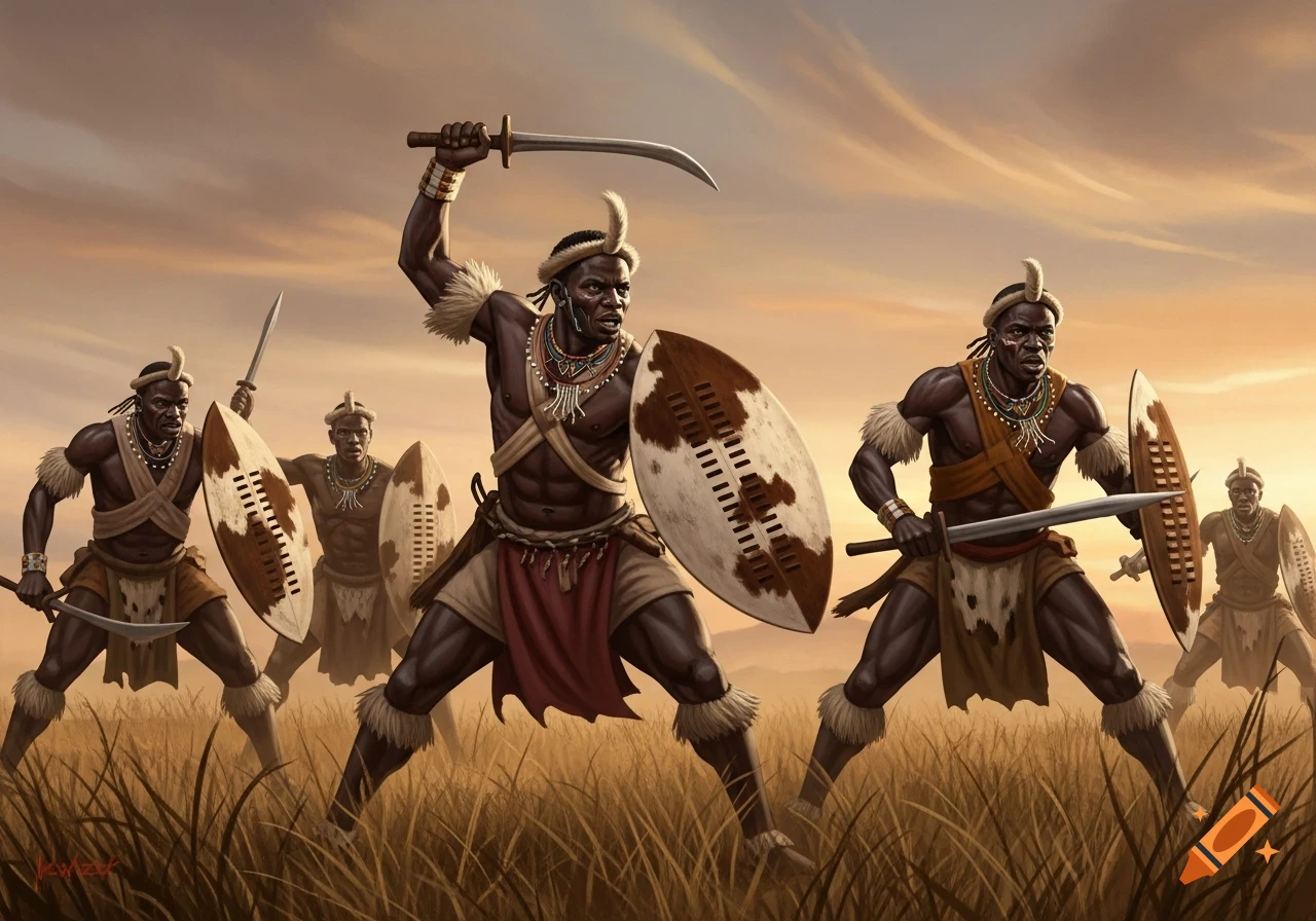 Illustrative painting of Zulu warriors in traditional attire with shields and swords, standing in tall grass at sunset.