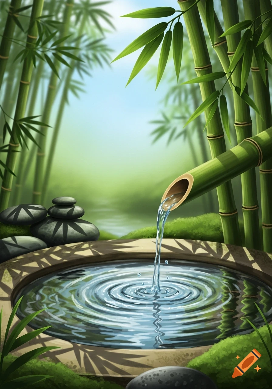 A stylized illustration of a bamboo water fountain with water flowing into a circular basin, surrounded by bamboo stalks and zen rocks.