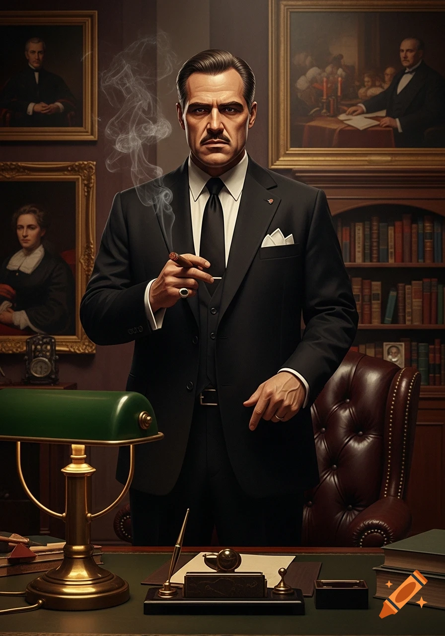 Stern man in a black suit with a mustache holds a smoking cigar in a dimly lit, traditional office with portraits and bookshelves.