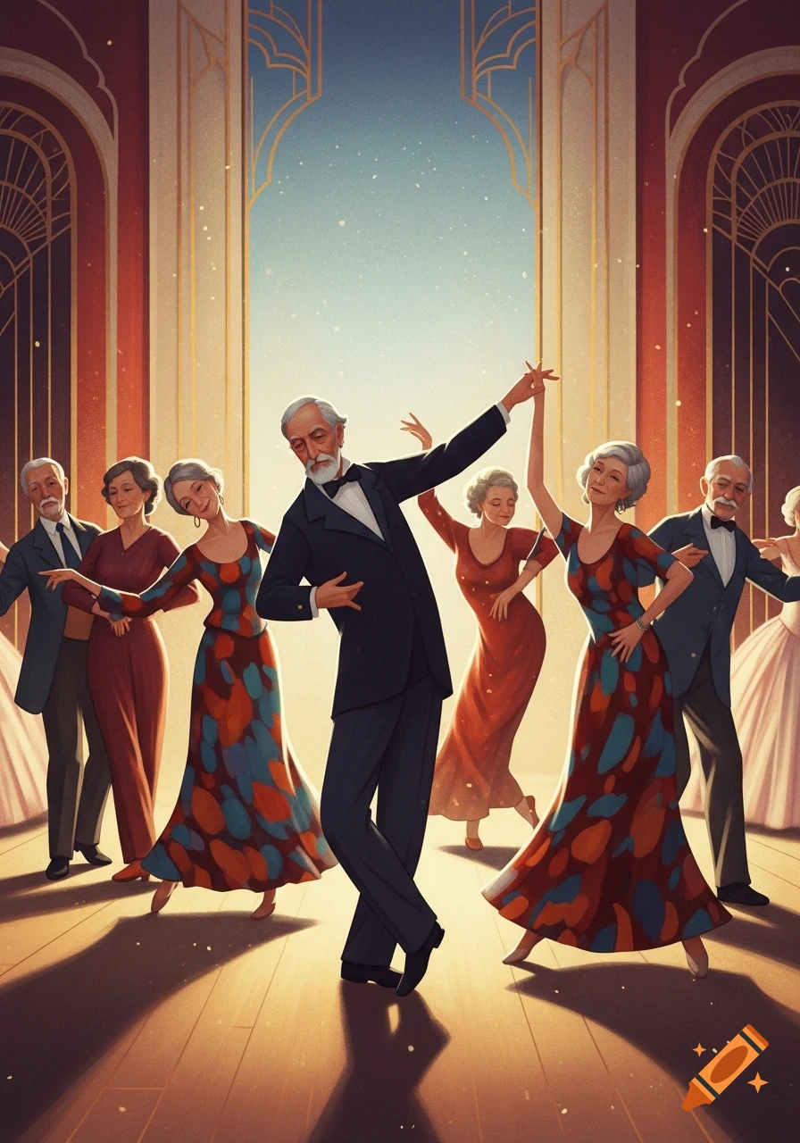 Group of elderly people dancing in a stylized Art Deco hall with a starry background.
