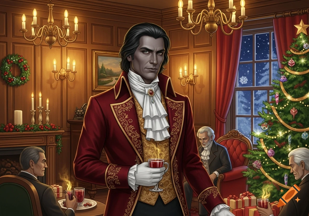A pale vampire in a red Victorian coat holds a goblet in a richly decorated Christmas room with a tree and other gentlemen.