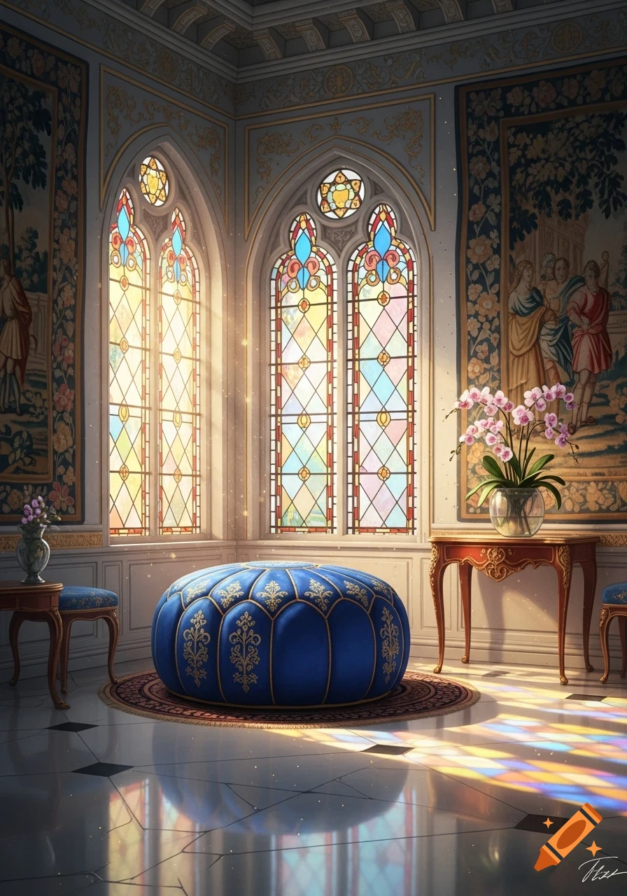 An ornate room with large stained glass windows, colorful sunlight reflections on the shiny floor, and a blue pouf with gold embroidery.