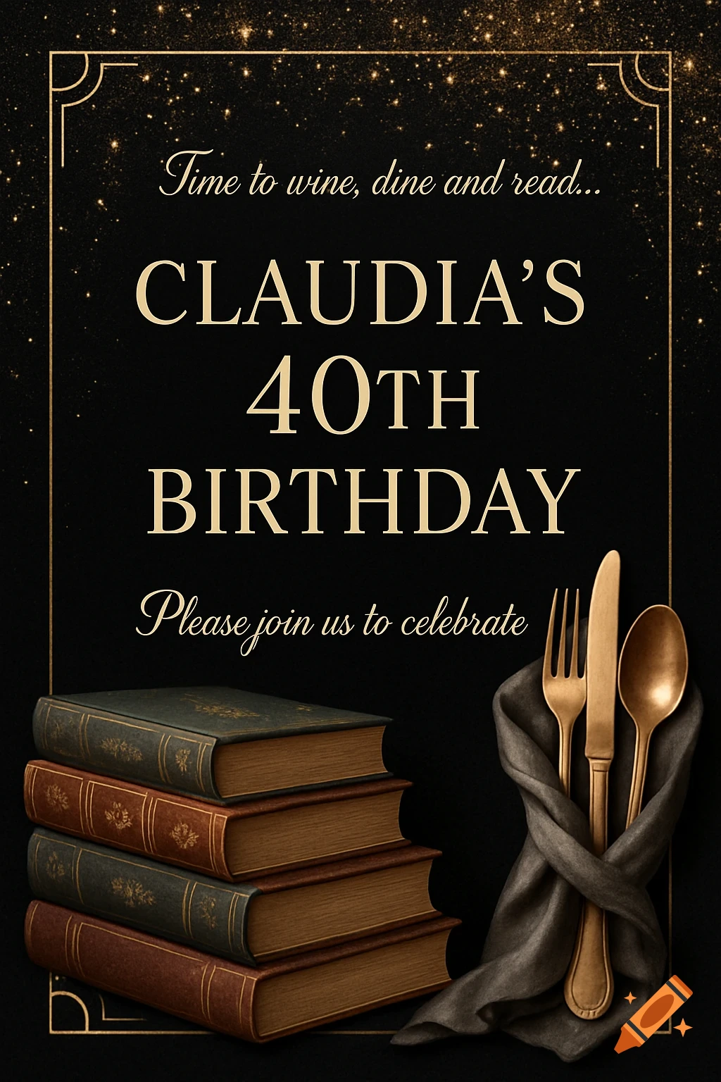 Elegant black and gold 40th birthday invitation for Claudia, featuring text 'Time to wine, dine and read...', a stack of books, and golden cutlery wrapped in a napkin.