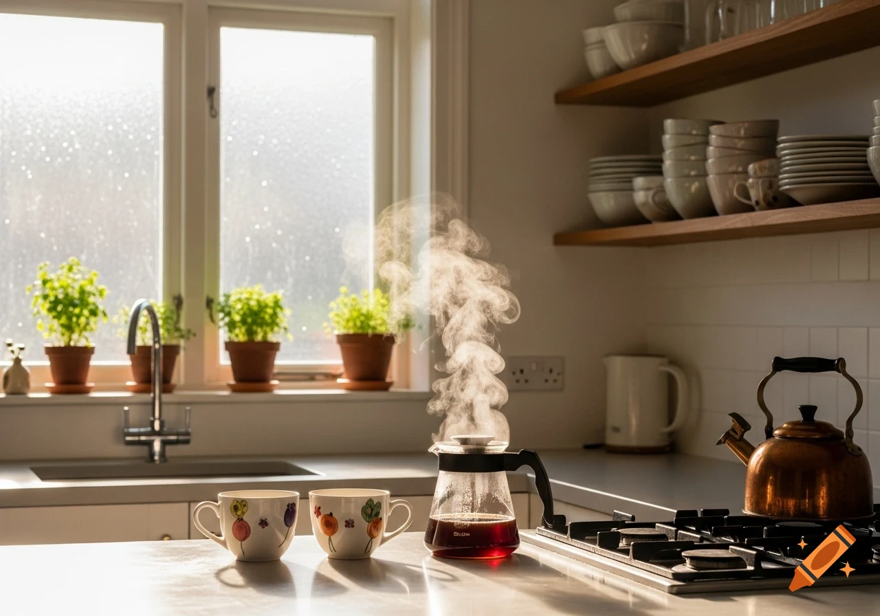 A photorealistic image of a bright kitchen with morning sunlight. A coffee maker steams on a counter next to two mugs and a kettle.