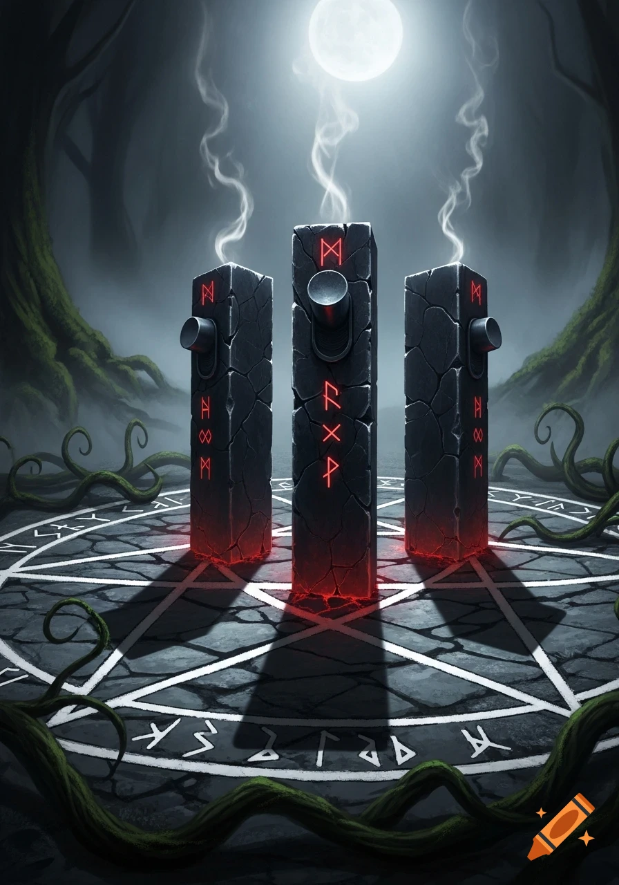 Three glowing stone pillars with red runes stand on a pentagram in a dark, foggy forest with gnarled roots under a full moon.