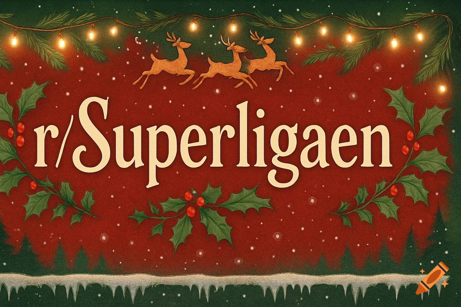 Festive Christmas illustration with text 'r/Superligaen' on a red snowy background, framed by pine, holly, string lights, and reindeer.