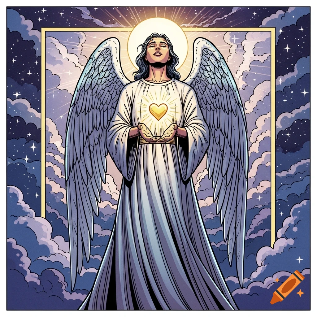 Comic book style art of an angel in a white robe, holding a glowing golden heart, looking up towards a halo, surrounded by clouds and stars.