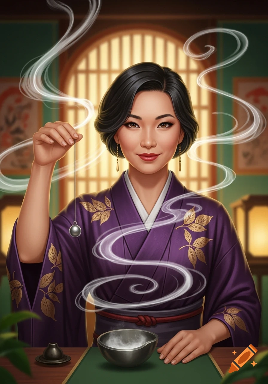 Smiling Asian woman in purple kimono holds a pendulum over a bowl, with swirling smoke around her.
