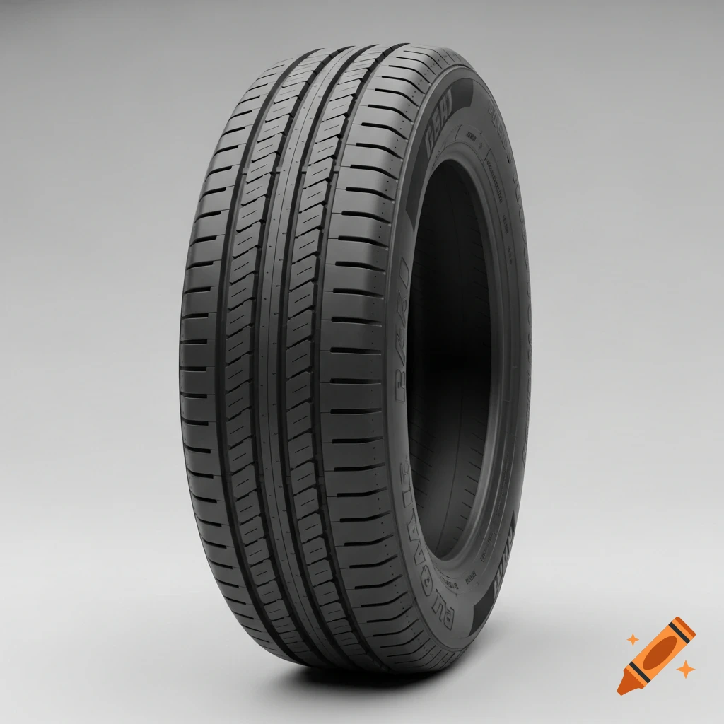 Photorealistic car tire with detailed tread pattern standing vertically against a light gray background.